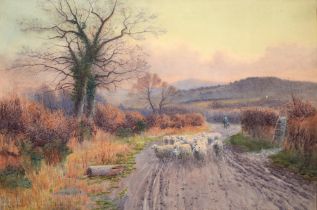 Willie Stephenson (1857-1938) - Sheep on a Country Lane, signed, watercolour, 49 x 74cm Good