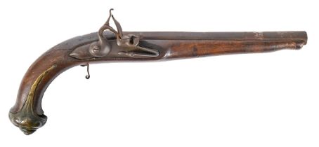 An English full stocked 20 bore flintlock pistol, 18th c, with 26.5cm barrel, brass butt cap