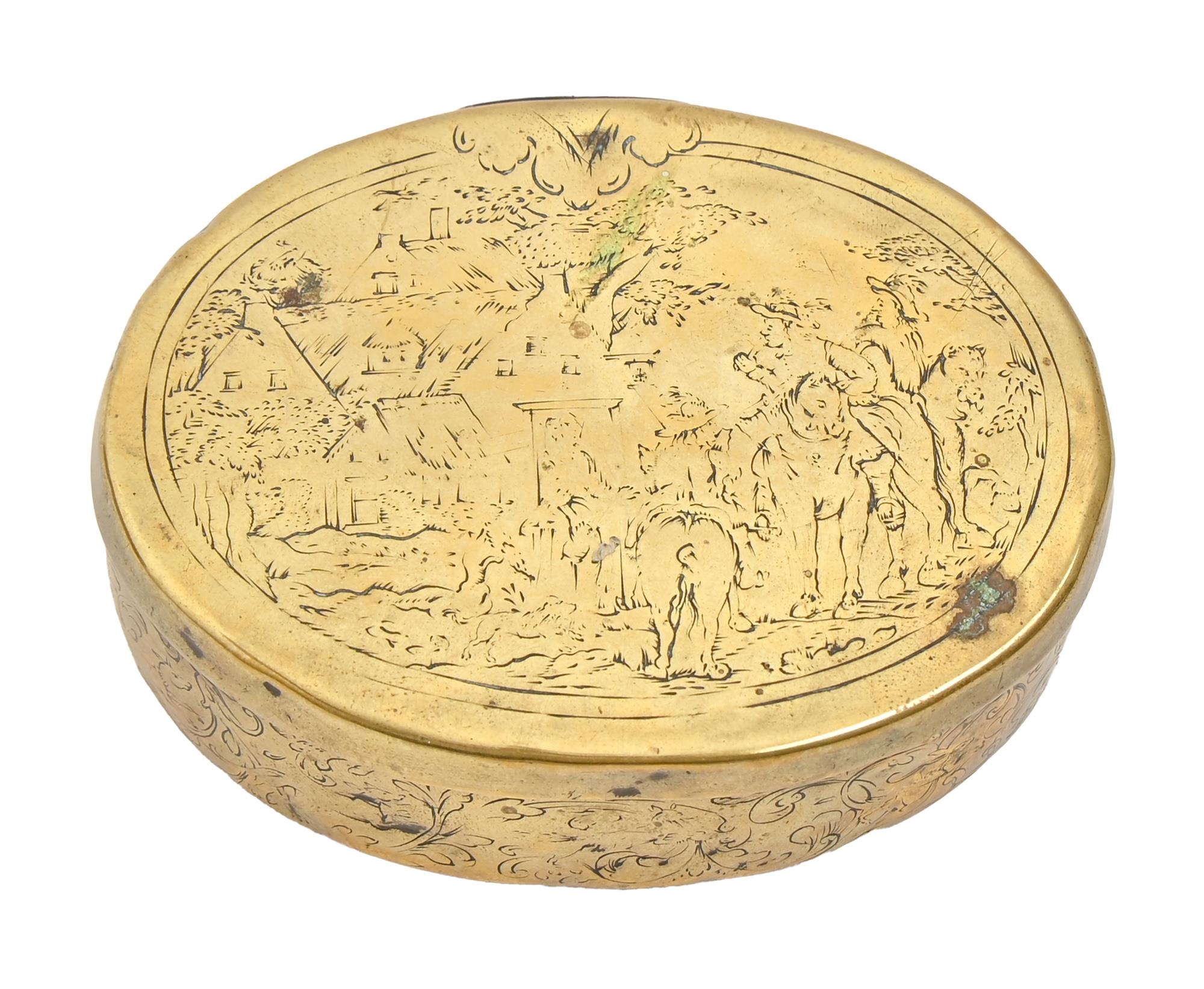 A Dutch oval brass tobacco box, late 18th c, the lid engraved with peasants by a house, the