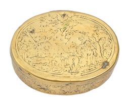 A Dutch oval brass tobacco box, late 18th c, the lid engraved with peasants by a house, the