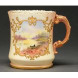 A Locke & Co Worcester mug, c1900, painted with a river scene in raised gilt reserve on a shaded