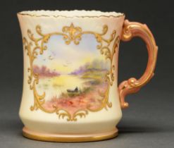 A Locke & Co Worcester mug, c1900, painted with a river scene in raised gilt reserve on a shaded