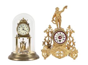 A French spelter gilt figural mantel clock, late 19th c, with enamel dial, 32cm h and a later H