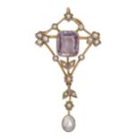 An amethyst and pearl openwork brooch-pendant, c1910, in gold, 49mm h, 4.5g Drop slightly bent