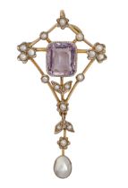 An amethyst and pearl openwork brooch-pendant, c1910, in gold, 49mm h, 4.5g Drop slightly bent