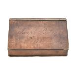 A Victorian copper snuff box in the form of a book, inscribed Joseph Parker, 8.5 x 6cm