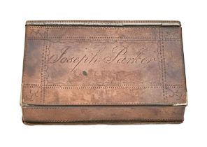 A Victorian copper snuff box in the form of a book, inscribed Joseph Parker, 8.5 x 6cm