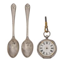 A Swiss silver cylinder lady's watch, late 19th c, 37mm diam and a pair of silver coffee spoons (