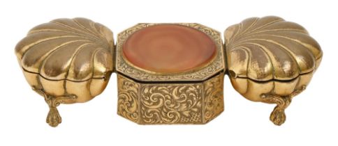 A gilt lacquered and engraved brass inkwell, 19th c, the octagonal well with stained agate-inset lid
