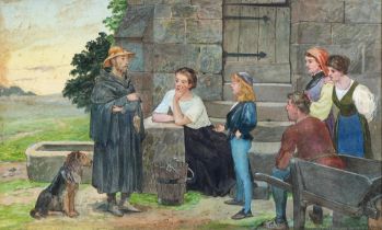 Thomas Charles Barfield (1858-1927) - Villagers and a Pilgrim Monk, signed and indistinctly dated,