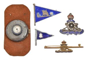 A gold and enamel Royal Artillery sweetheart's brooch, another of paste set silver and enamel, an