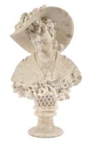 Italian School, late 19th c - Bust of a Smiling Young Woman in floral Bonnet, alabaster on turned