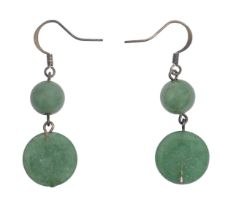 A pair of spinach jade earrings, wire loop, 30mm h Undamaged