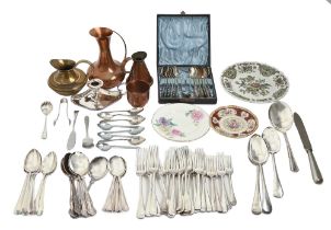 Miscellaneous plated flatware, an EPNS chamberstick, etc