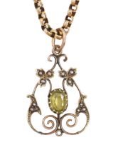 An Edwardian peridot and split pearl openwork pendant, in gold, 30mm h, marked 9ct, on gold