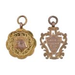 Two 9ct gold football prize watch fob shields, inscribed S & D W S A Varley LGE 1930-1 or engraved