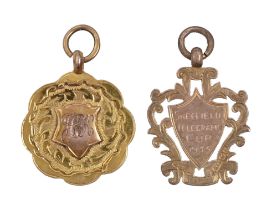 Two 9ct gold football prize watch fob shields, inscribed S & D W S A Varley LGE 1930-1 or engraved