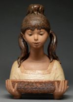 A Lladro stoneware sculpture of the head of a girl and a bowl, 41cm h, printed mark and Lladro