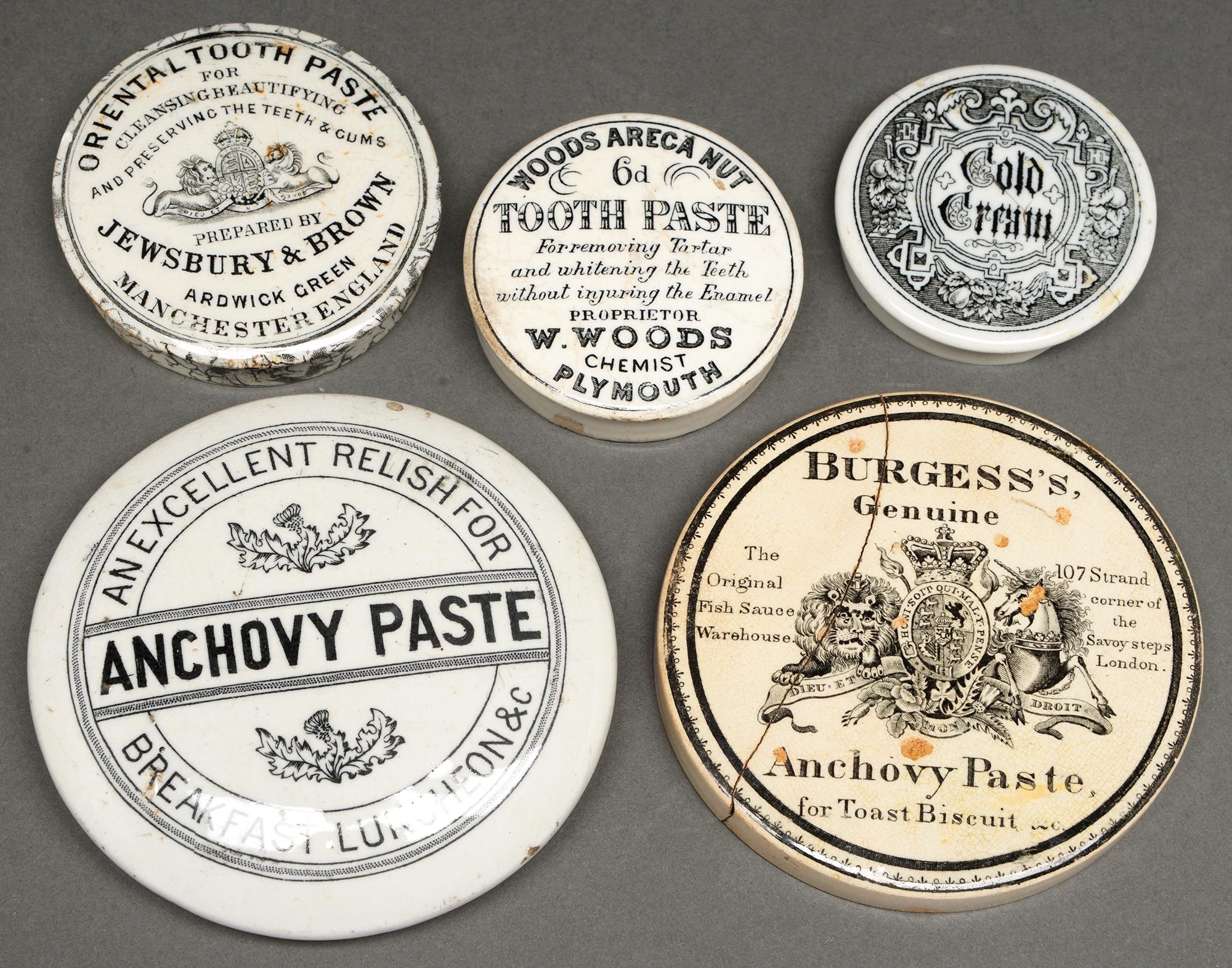 Five Victorian pot lids, advertising Woods Areca Nut Toothpaste and other products, one with marbled