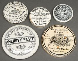 Five Victorian pot lids, advertising Woods Areca Nut Toothpaste and other products, one with marbled