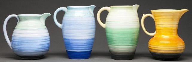 Four Shelley yellow, blue or green banded Harmony earthenware jugs, 1930s, 26cm h and circa, printed