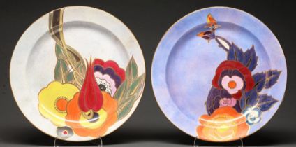 Two A E Gray & Co lustre chargers, c1930, 36.5cm diam, 2nd galleon, printed