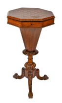 A Victorian octagonal mahogany work table, inlaid in sycamore and straw work, the lid for games,