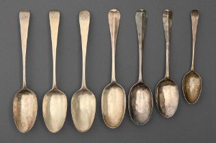 Three George I silver tablespoons, Hanoverian pattern with rat tail, two crested, by various makers,