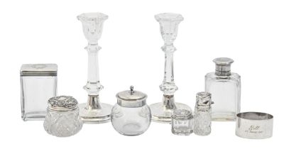 A pair of Elizabeth II silver-footed faceted glass candlesticks, 16cm h, by W I Broadway & Co,