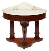 An early 20th c mahogany semi-circular wash stand with marble top, 72cm h, 91cm w Minor chips and