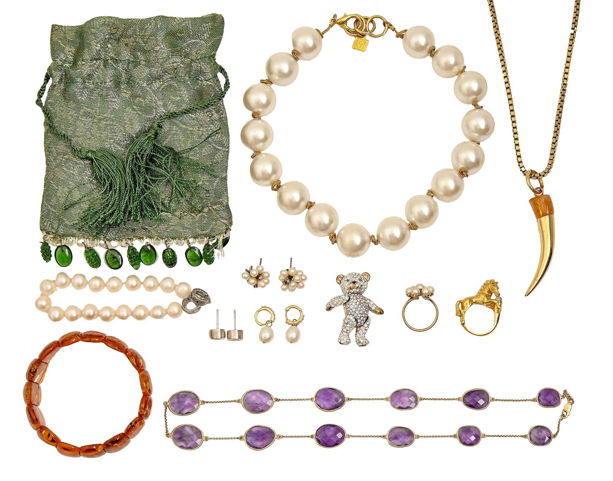 A bangle of amber beads and miscellaneous costume jewellery, to include an amethyst and silver