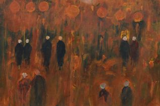 Modernist Irish School, late 20th c - Figures in a Landscape, oil on board, 19.5 x 29.5cm Good