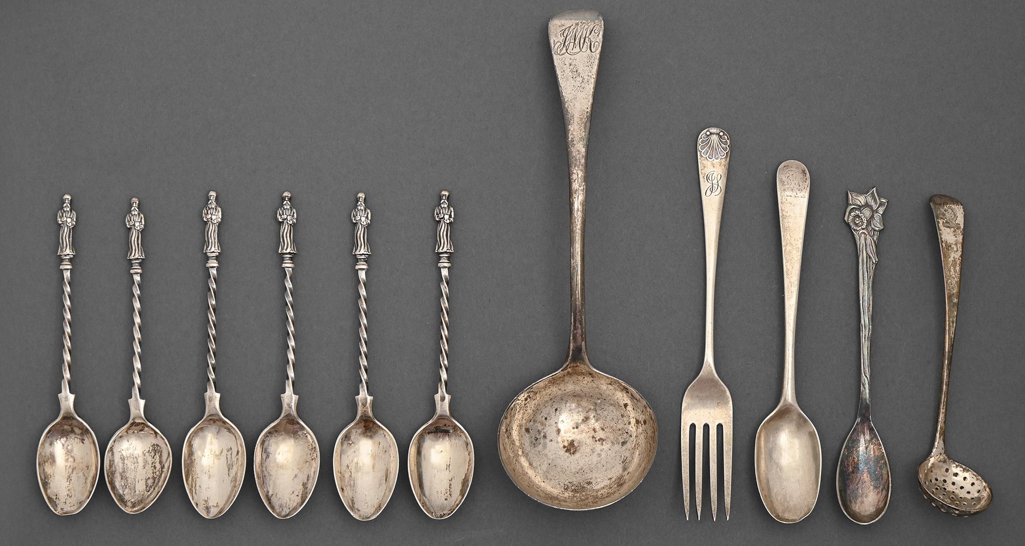 Miscellaneous silver flatware, George III and later, to include a set of six twist stem Apostle