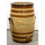 A Victorian Atkins Patent saltglazed brown stoneware water filter, of barrel shape, with shell