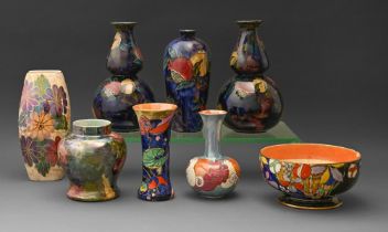 Eight S Hancock & Son, Rubens Ware, Corona Ware and other vases and a bowl, 1920s - 40s, double