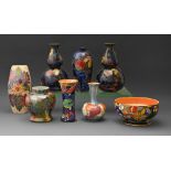 Eight S Hancock & Son, Rubens Ware, Corona Ware and other vases and a bowl, 1920s - 40s, double