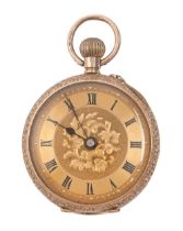 A Swiss 9ct gold keyless cylinder lady's watch, with engraved dial and enamelled back, gold cuvette,
