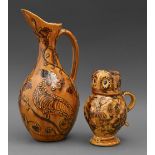 Studio pottery. Carole Glover - Owl jug; Ewer, two, slipware, ewer 38.5cm h, incised signature