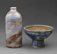 Studio pottery. A bottle and footed bowl, stoneware, thrown and glazed, bottle 32cm h Undamaged