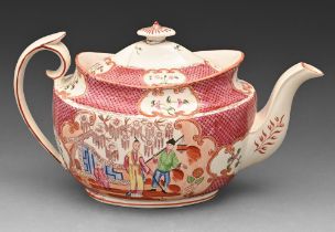 A Staffordshire bone china New Oval teapot and cover attributed to Hicks & Meigh, c1810, printed and