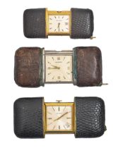 Two Movado giltmetal and leather covered purse watches, one with date and a Jean Renet example, with