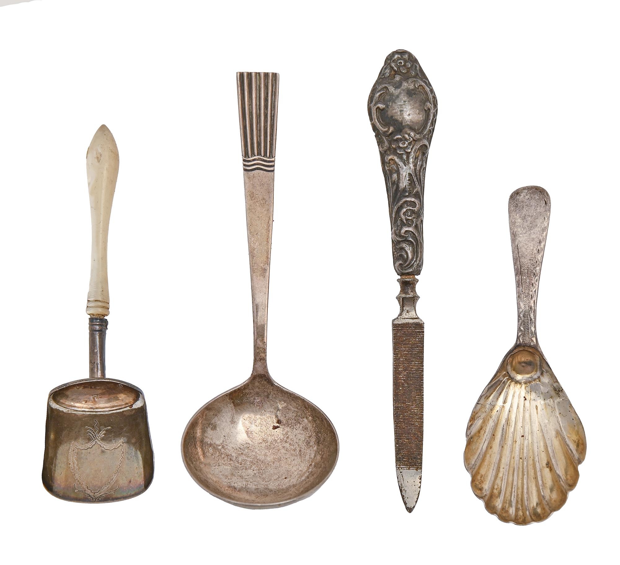 A George III bright cut silver caddy spoon, maker TE, London 1785, another with mother of pearl