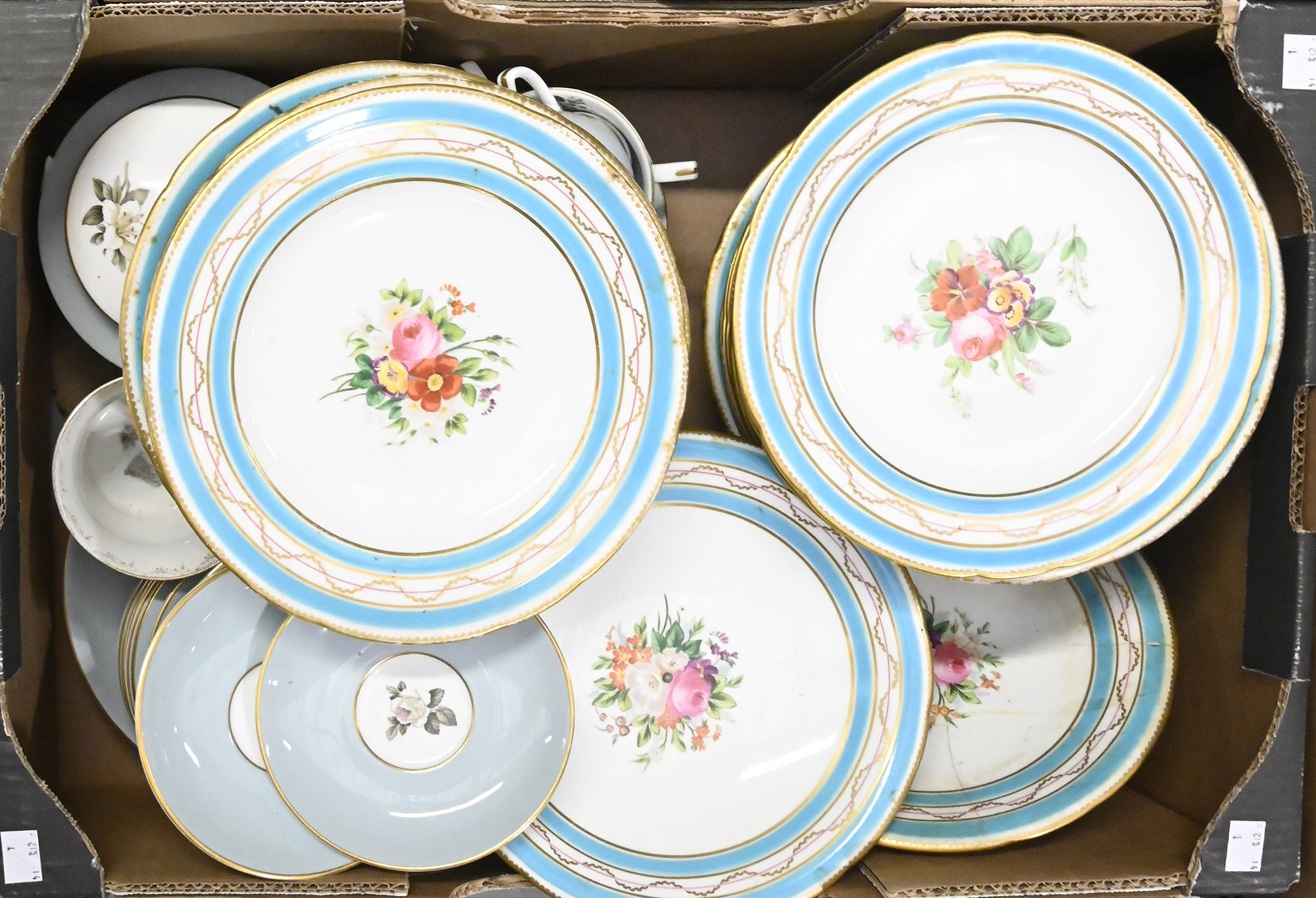 A Minton dessert service, late 19th c, painted with flowers, in turquoise and gilt ribbon border and