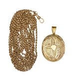 A gold muff chain, c1900, 181cm l, marked 9c, 29.2g and a contemporary late Victorian gold locket,
