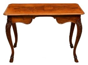 A French carved walnut writing table, early 20th c,  on cabriole legs with carved hoof feet, 79cm gl
