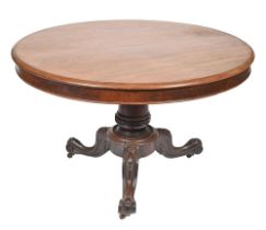 A Victorian mahogany loo table,  the carved pedestal base with brass castors, 72cm h, 115cm diam Top