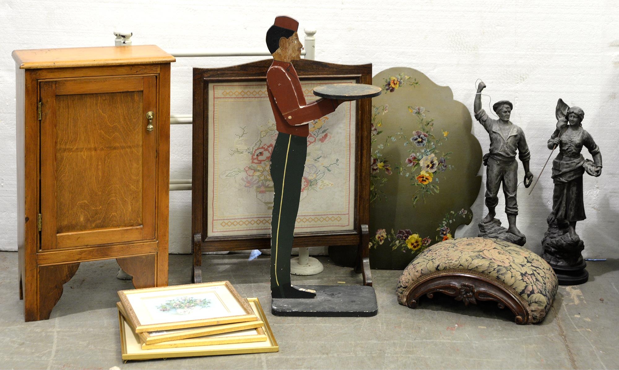 A pair of French fin de siecle spelter figures of fisherfolk, a 1930s painted wood stand in the form