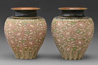 A pair of Doulton Chine Gilt vases, c1900, 21cm h, impressed marks Undamaged