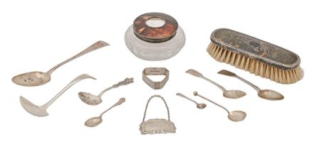 Miscellaneous silver flatware, George III - early 20th c, a silver napkin ring and sherry label, a