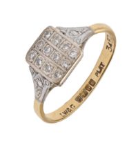 A diamond ring, of geometric design, 18ct gold hoop, Birmingham 1963, 3.4g, size N Light wear